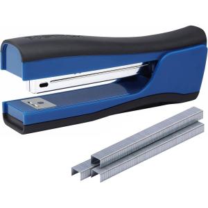 imageBostitch Office Dynamo 4 in 1 Standup Stapler Includes 420 Staples 20 Sheet Capacity Integrated Pencil Sharpener Staple Remover ampamp Staple Storage MagentaBlue