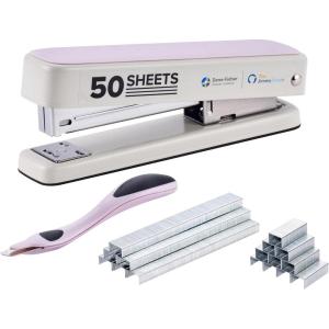 imageBostitch Titan Heavy Duty Metal Stapler 50 Sheet Capacity with 1250 Staples and Ergonomic Staple Remover Jam Free Stapling Full Strip Stapler for Desk Office and Classroom BlackPink  White