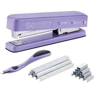 imageBostitch Titan Heavy Duty Metal Stapler 50 Sheet Capacity with 1250 Staples and Ergonomic Staple Remover Jam Free Stapling Full Strip Stapler for Desk Office and Classroom BlackPurple