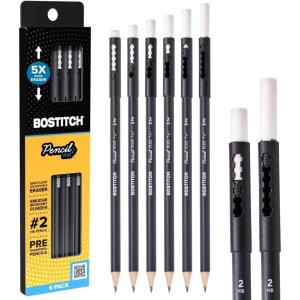 imageBostitch WoodCased Pencil Plus Retractable Eraser American Cedar Wood 2 HB Round Matte Black Presharpened Six PackSix pack