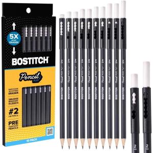 imageBostitch WoodCased Pencil Plus Retractable Eraser American Cedar Wood 2 HB Round Matte Black Presharpened Six PackTen Pack